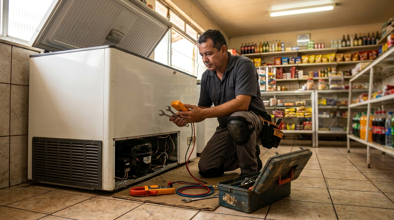 Técnico realizando manutenção de motor de freezer em Sorocaba‑SP