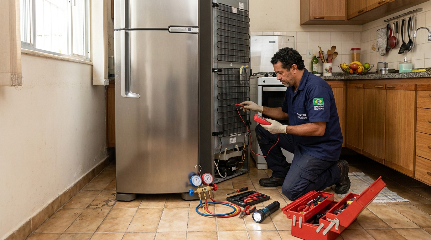 Técnico realizando manutenção de motor de geladeira em Sorocaba‑SP