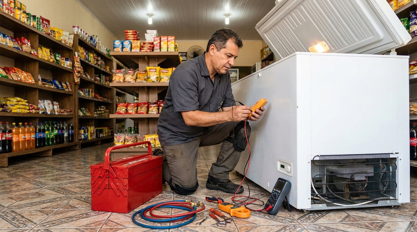 Recarga de gás refrigerante em freezer em atendimento em Sorocaba‑SP